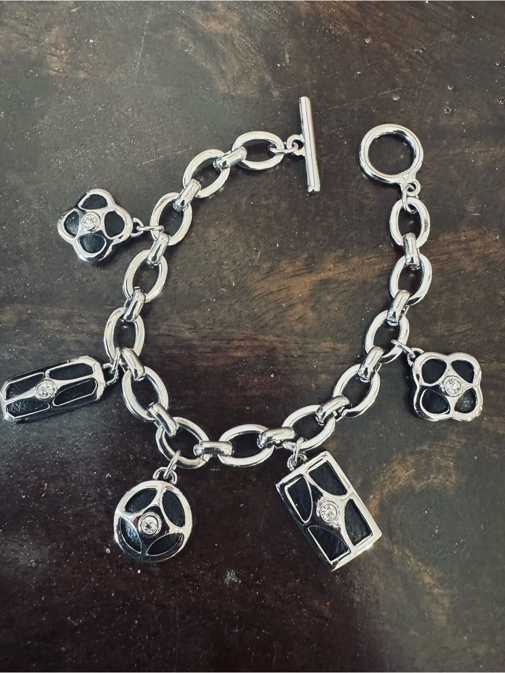 White House Black Market Silver Black Leather Jewel Charm Bracelet